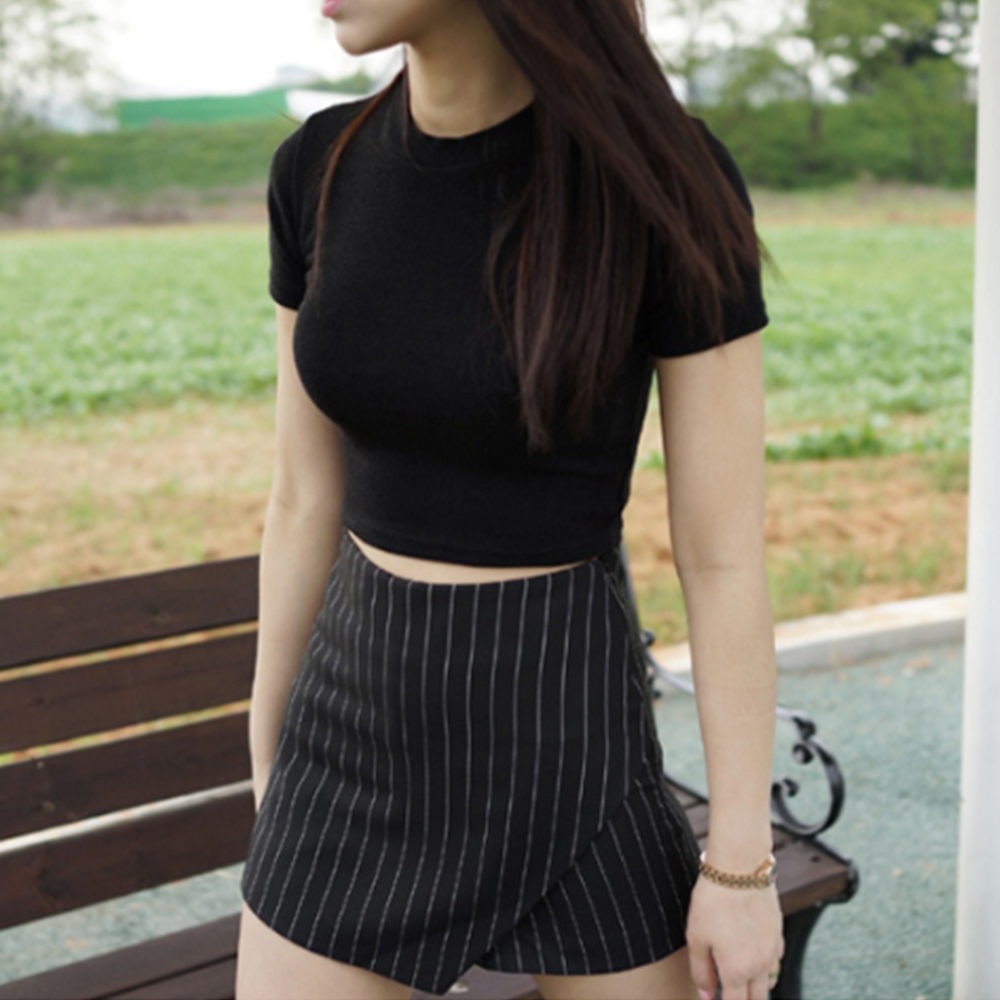세미크롭티 반팔 크롭 탑 시원한 블랙 무지 티 이미지 2