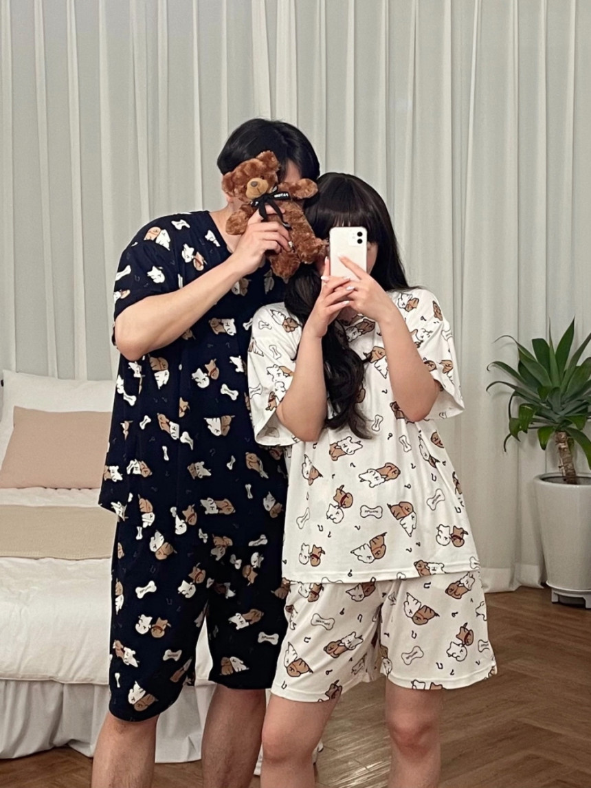 [파토리] 치즈 몰티즈 쿨링 반팔 잠옷 커플 세트 빅사이즈 냉장고 냉감 파자마