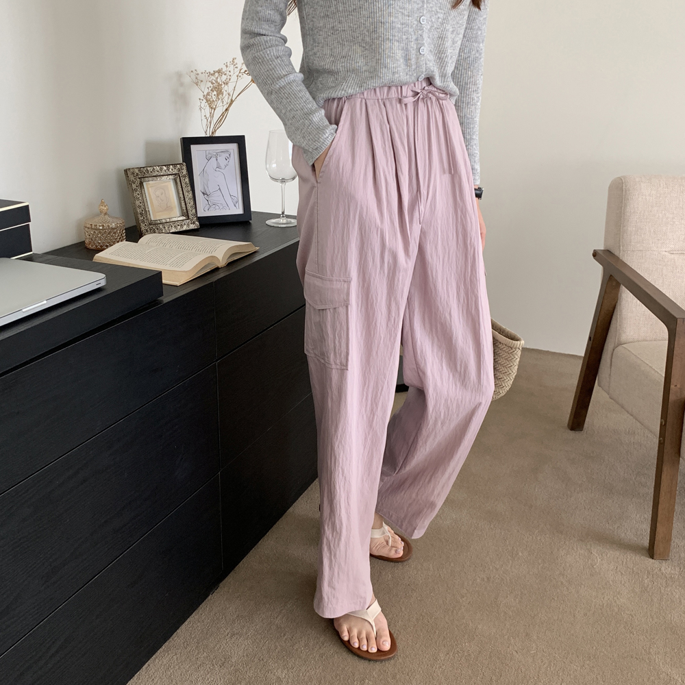 세미 핀턱 밴딩 와이드팬츠 여성 슬랙스 나일론 바스락팬츠 와이드 카고바지 여자 통바지 핑크 - 상세 이미지 4