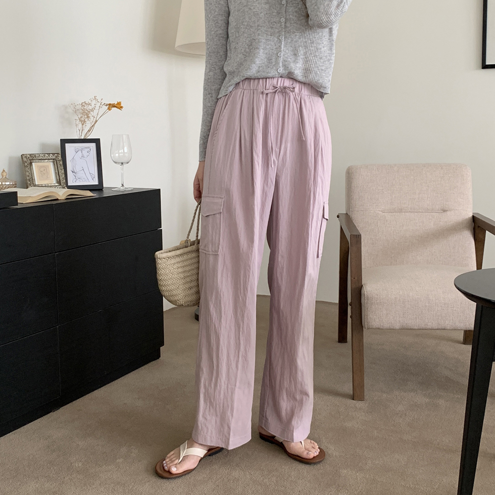 세미 핀턱 밴딩 와이드팬츠 여성 슬랙스 나일론 바스락팬츠 와이드 카고바지 여자 통바지 핑크 - 상세 이미지 3