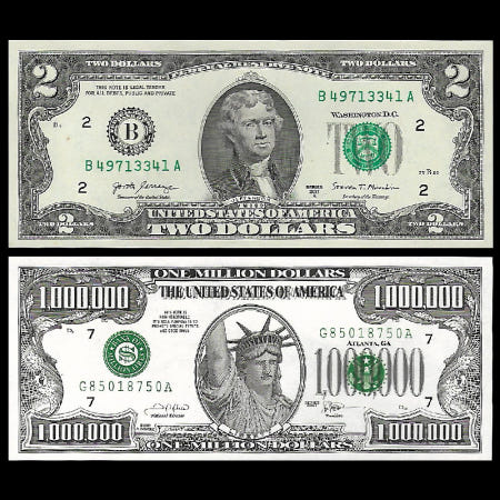 미국중앙은행 미국 2017년 행운의 2달러 지폐 & 행운의 100만 달러 지폐 세트 (완전미사용)