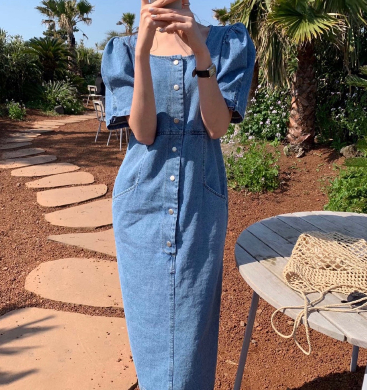 미에트 스퀘어넥 퍼프 반팔 단추 코튼 셔링 여리핏 데님 청 롱원피스(중청,연청)