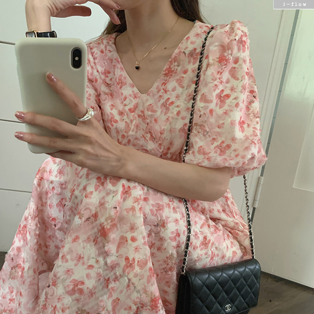 벨르 브이넥 플라워 퍼프 쉬폰 롱원피스 3col 여름 봄 맥시 핀턱주름 자가드 제이플로우 이미지 8
