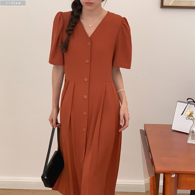 나또 브이넥 버튼 플리츠주름 실키 롱원피스 3col 여름 허리끈 퍼프 루즈핏 제이플로우 이미지 8