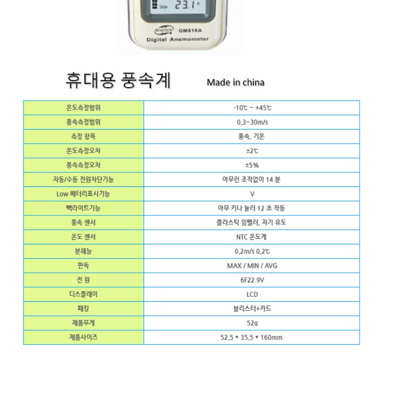 풍향 풍압계 무선 풍속계 풍속 측정기 풍속센서 온도체크기 - 상세 이미지 2