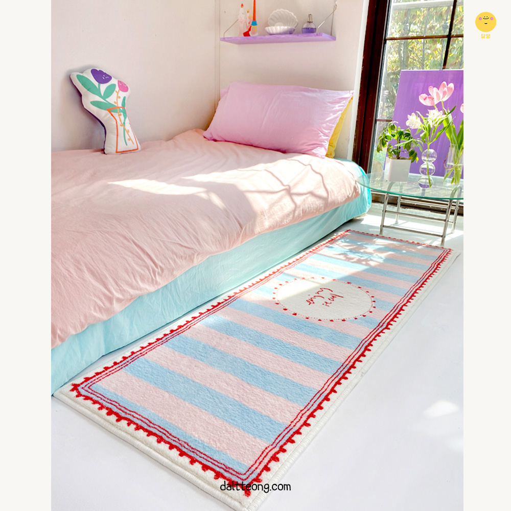 달떵 귀여운 핑크스트라이프 침실 침대 긴 러그 핑크, 120x40