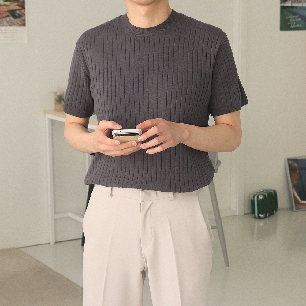 남자반팔니트 골지 라운드 머슬핏 반팔 이미지 3