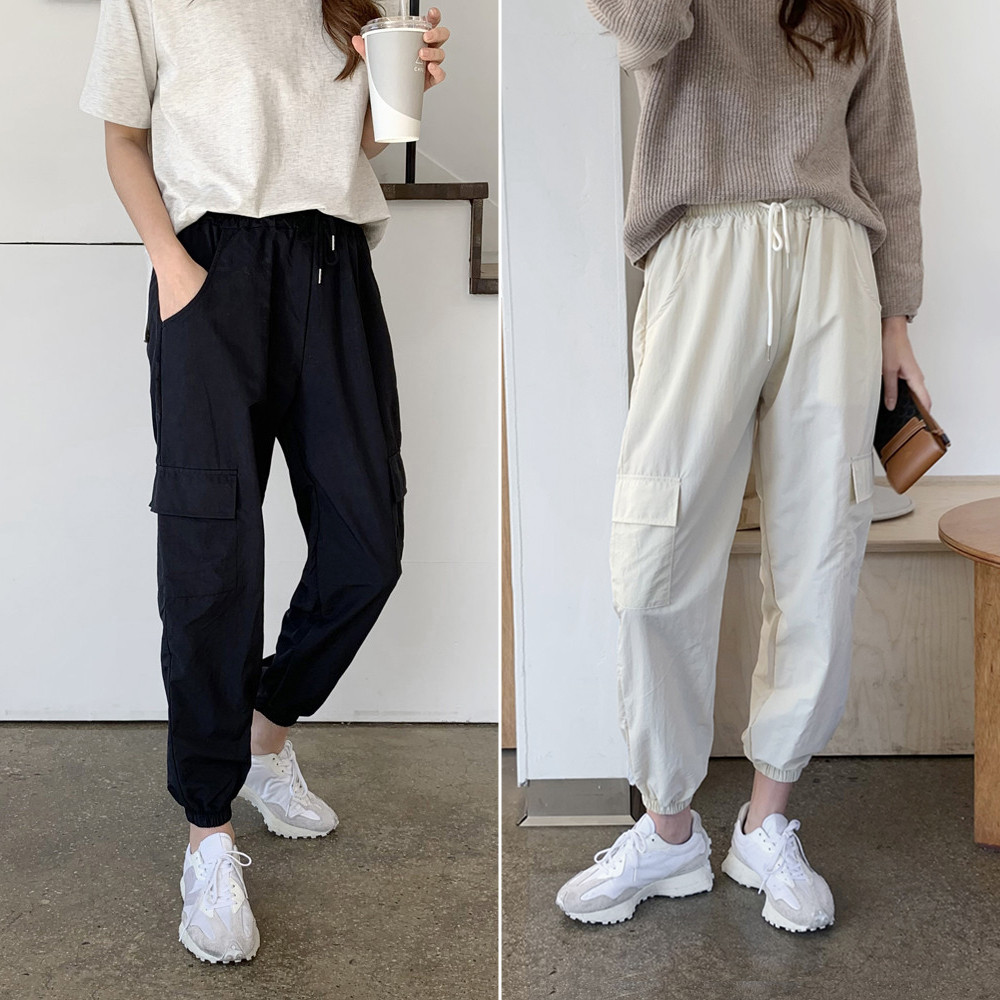 데일리 스트링 바스락 나일론팬츠 여성 카고바지 가을 여자조거팬츠 편한 고무줄 밴딩바지