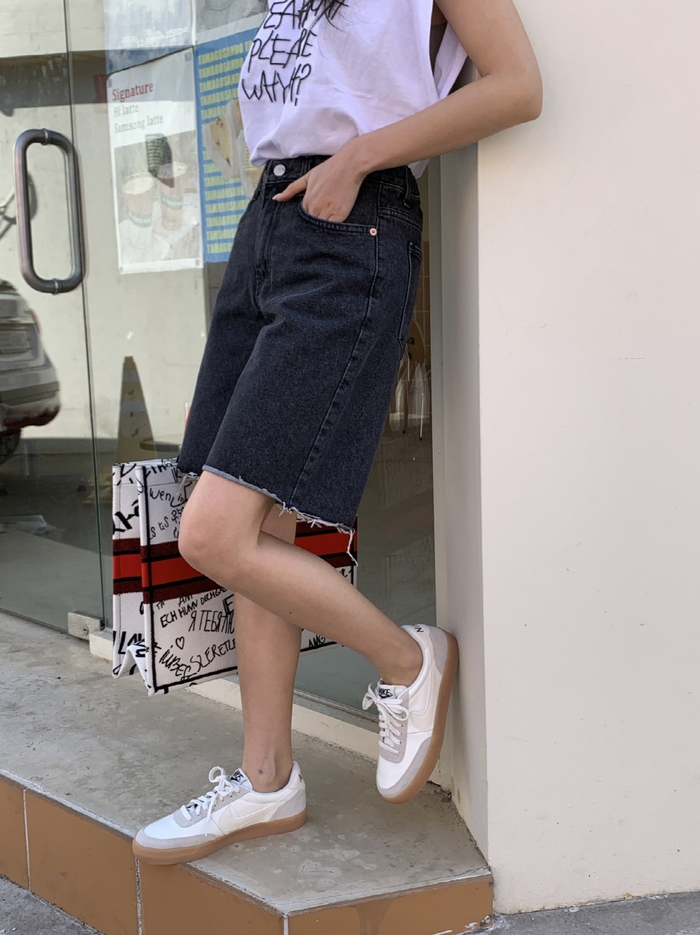 데님 청 뒷밴딩 5부 와이드 반바지 팬츠 이미지 6
