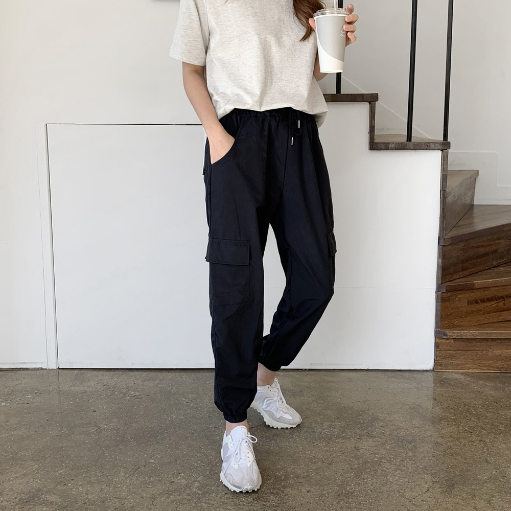 데일리 스트링 바스락 나일론팬츠 여성 카고바지 가을 여자조거팬츠 편한 고무줄 밴딩바지 - 상세 이미지 3