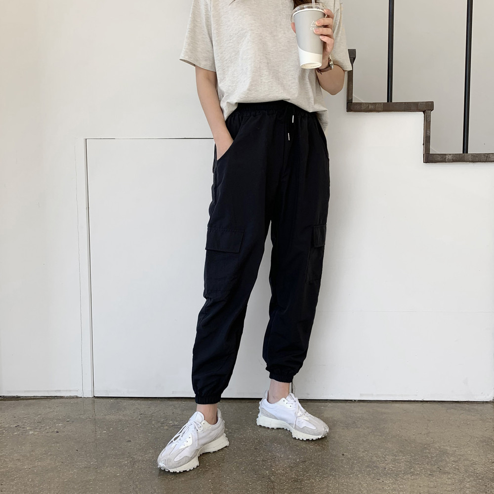 데일리 스트링 바스락 나일론팬츠 여성 카고바지 가을 여자조거팬츠 편한 고무줄 밴딩바지 - 상세 이미지 4