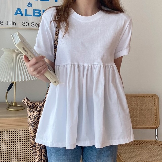 여성 여름 반팔티 롤업 A라인 플레어 루즈핏 면 반팔 티셔츠 - 상품 이미지