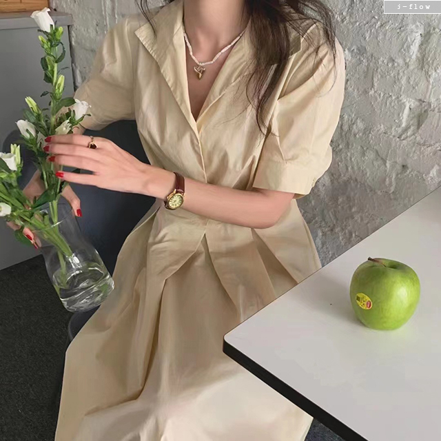 이니 카라 브이넥 허리버튼 코튼 롱원피스 3col 여름 봄 플리츠주름 밴딩 제이플로우 - 상세 이미지 4