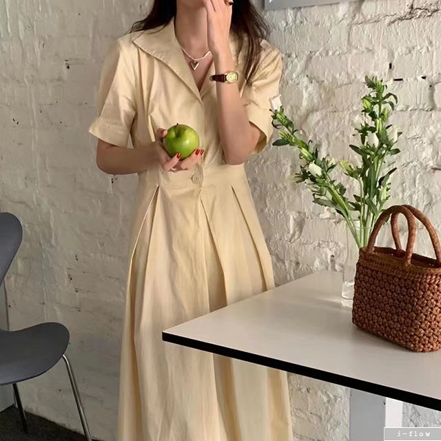 이니 카라 브이넥 허리버튼 코튼 롱원피스 3col 여름 봄 플리츠주름 밴딩 제이플로우 - 상품 이미지