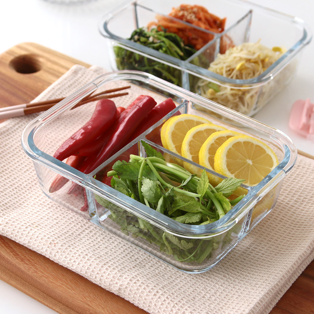 꿈꾸는키친 글라스듀 내열유리 밀폐용기 3칸 나눔반찬통 01-원형 세칸찬통 화이트