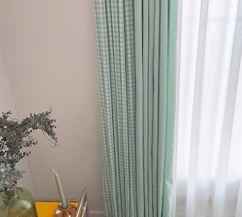 바이아미 멜란 체크 아이방 커튼-아쿠아민트 여아 남아 맞춤 제작 순면 빈티지 커텐