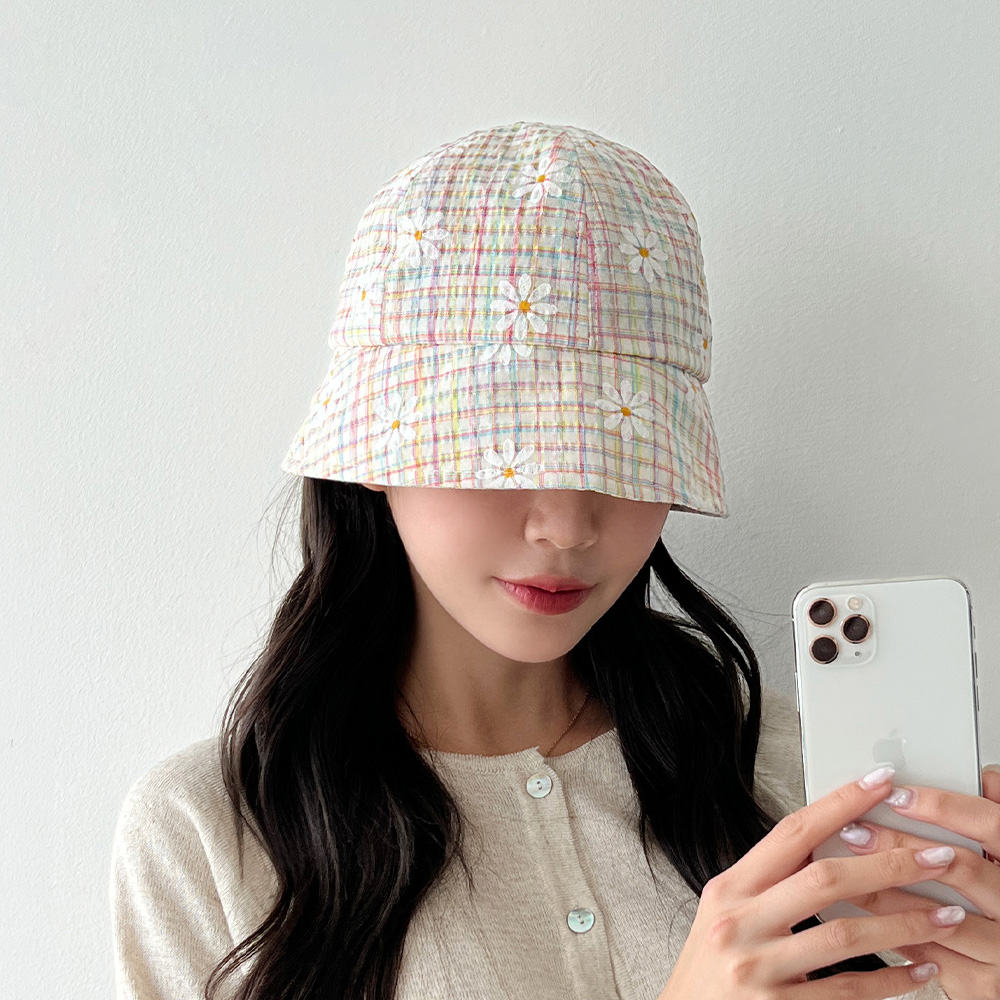 네온 플라워 숏 체크 버킷햇 여름 여성 벙거지 이미지 6