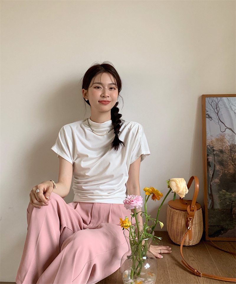 스판 드레이프 셔링 썸머 반목 반하이넥 여성 여름 여리 반팔 블라우스 티셔츠(2color) 이미지 2