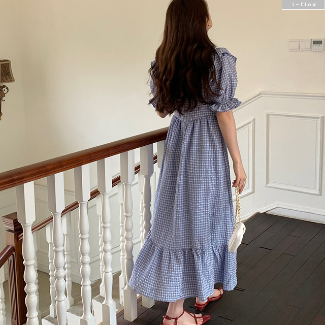 버킷 U넥 체크 프릴카라 퍼프 롱원피스 (블루) 여름 봄 코튼 프릴 밴딩 스퀘어 제이플로우 - 상세 이미지 4