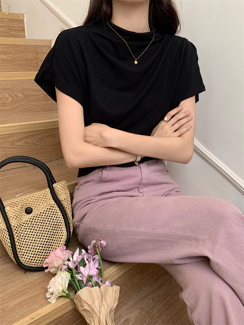 스판 드레이프 셔링 썸머 반목 반하이넥 여성 여름 여리 반팔 블라우스 티셔츠(2color) 이미지 3
