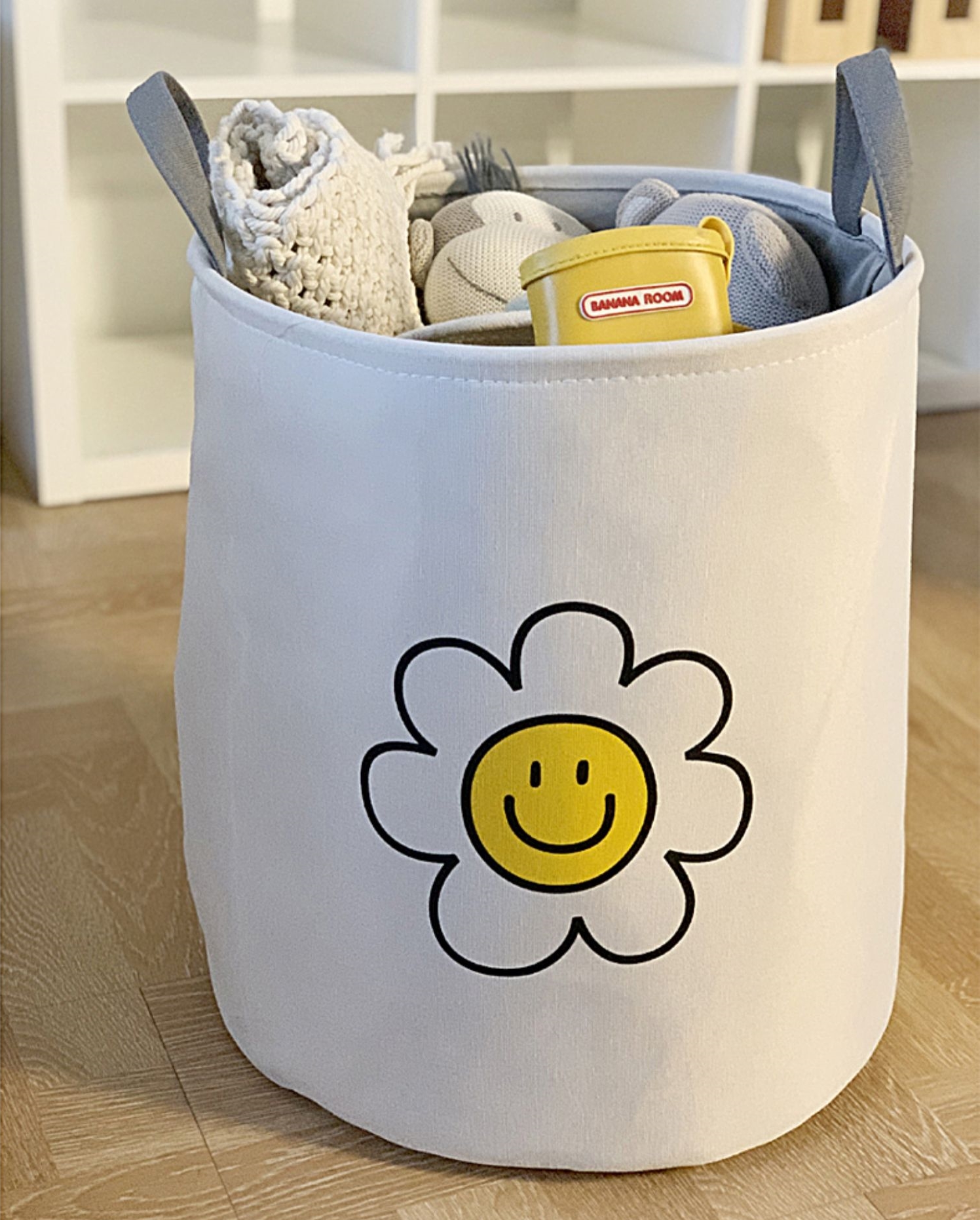 패브릭 수납바구니 플라워 접이식 장난감 정리 바구니 손잡이 바스켓 스마일