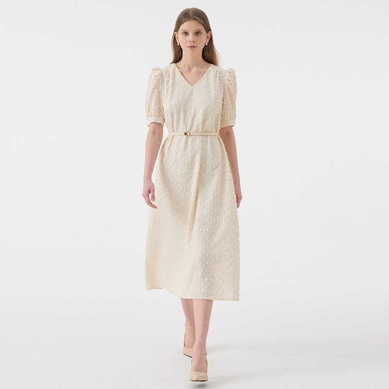 LUCIA Vneck Puff Half Sleeve Belted Dress_Ivory - 상세 이미지 4