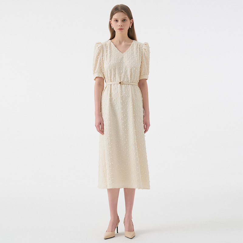 LUCIA Vneck Puff Half Sleeve Belted Dress_Ivory - 메인 이미지