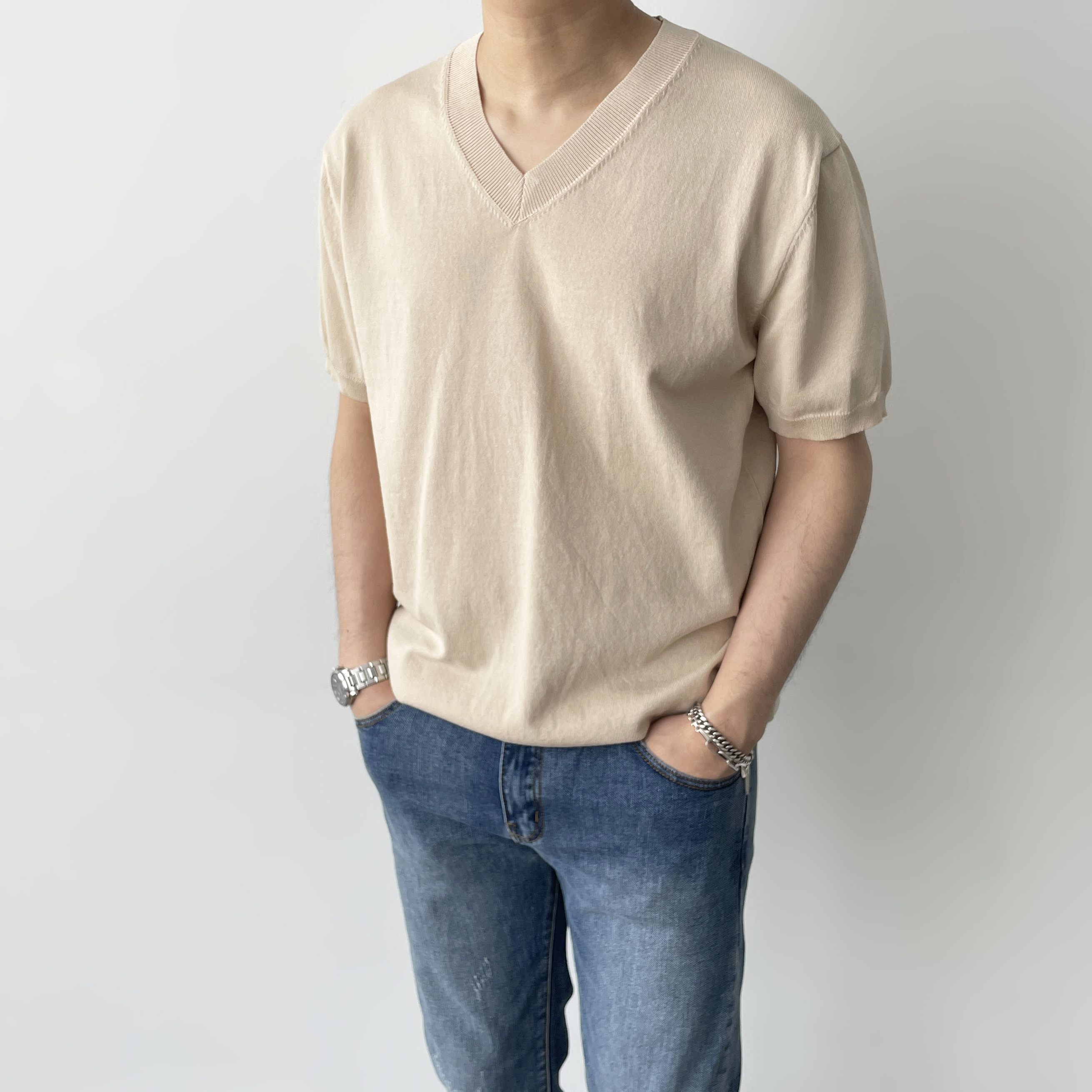 남자브이넥반팔니트 워셔블반팔니트 이미지 3