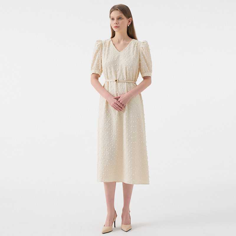 LUCIA Vneck Puff Half Sleeve Belted Dress_Ivory - 상세 이미지 2