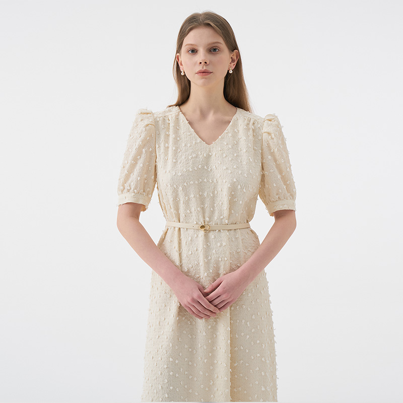 LUCIA Vneck Puff Half Sleeve Belted Dress_Ivory - 상세 이미지 5