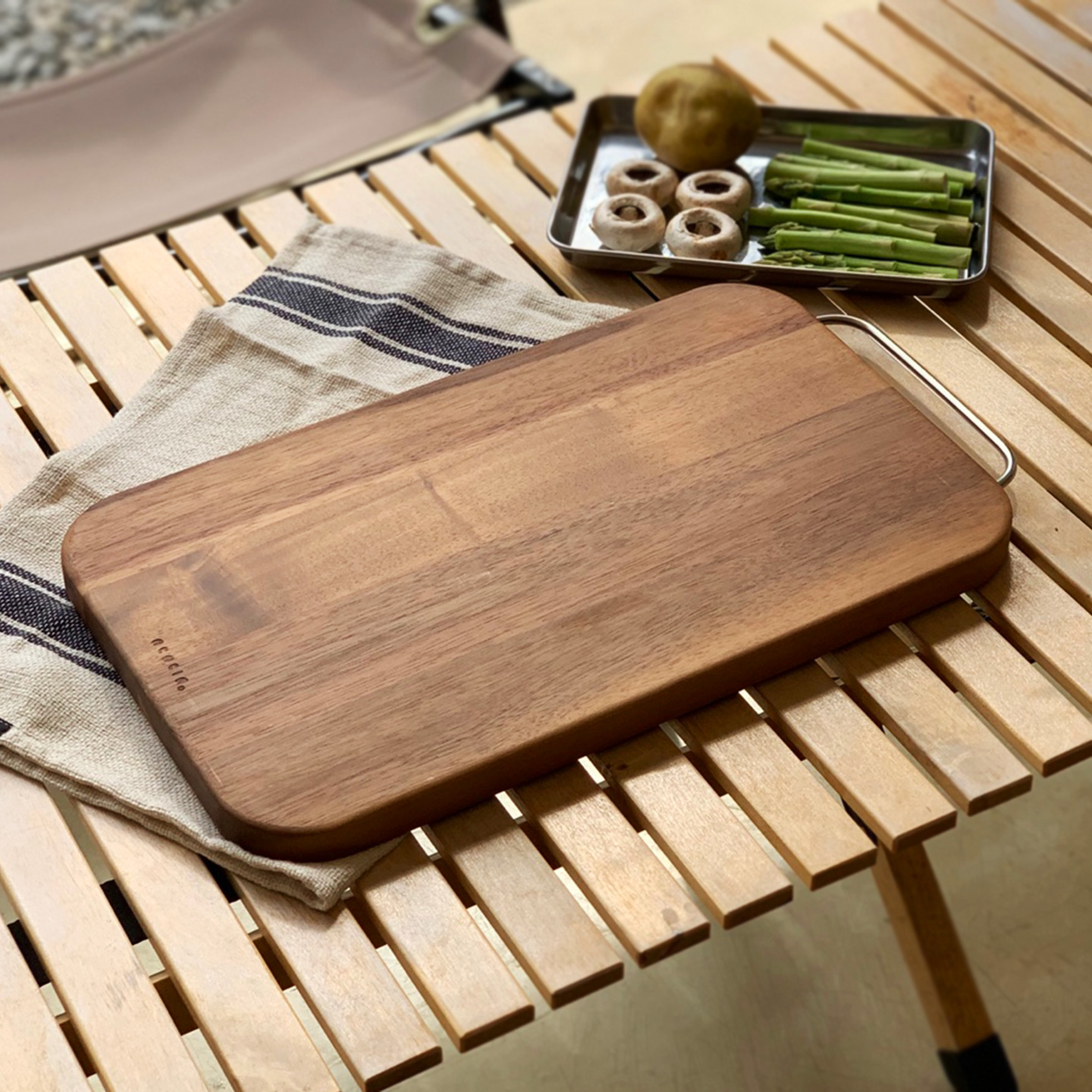 아카시아 원목 나무도마 스텐 손잡이 우드 캠핑 플레이팅 도마