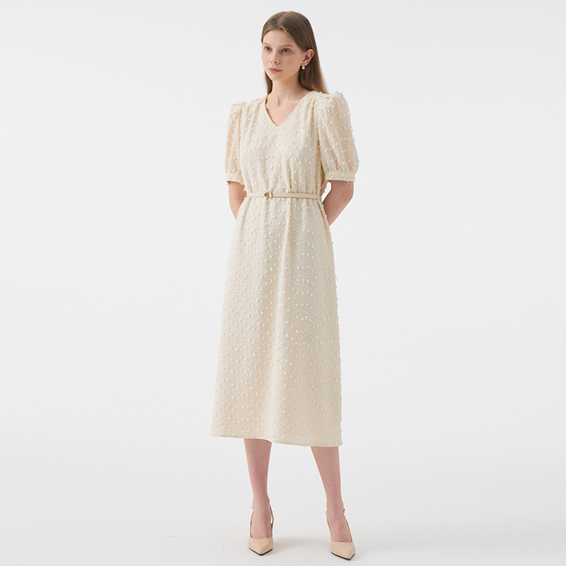 LUCIA Vneck Puff Half Sleeve Belted Dress_Ivory - 상세 이미지 3