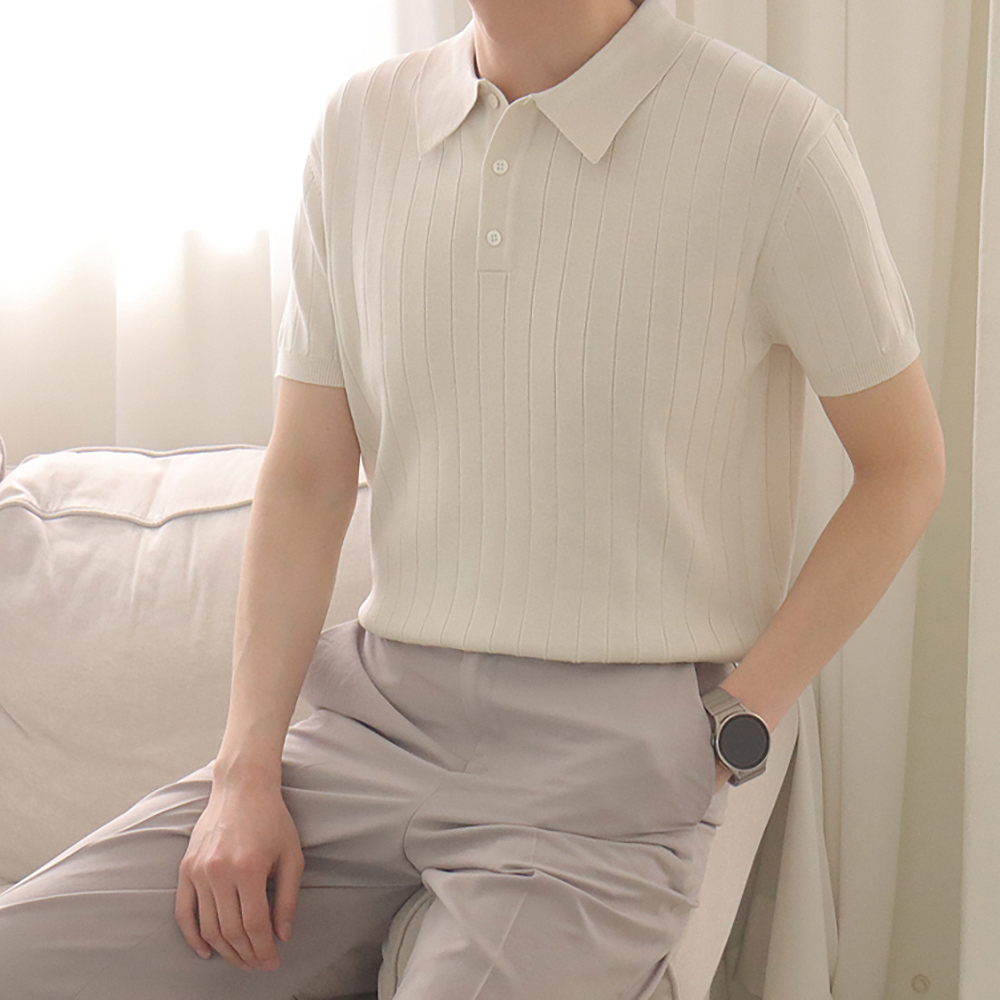 남자반팔니트 머슬핏 헨리넥 카라 반팔티 - 상세 이미지 4