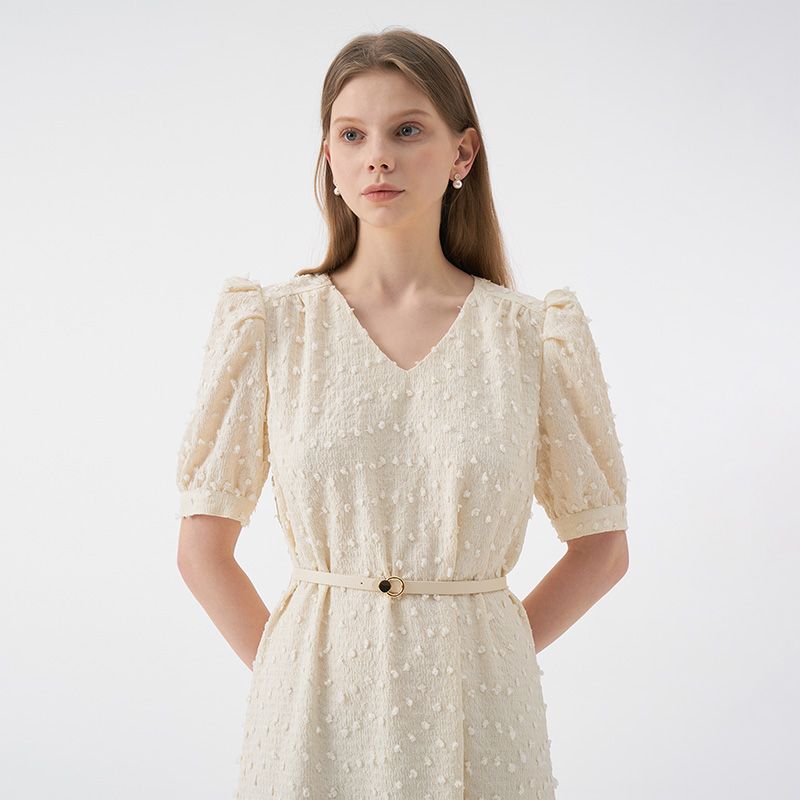 LUCIA Vneck Puff Half Sleeve Belted Dress_Ivory 이미지 6