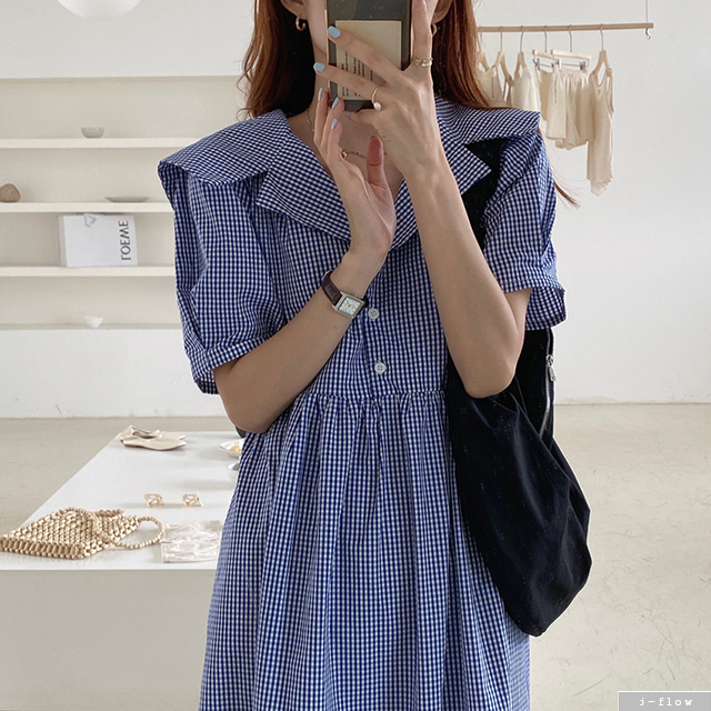 헤인 깅엄체크 세일러카라 버튼 롱원피스 2col 여름 봄 허리끈 코튼 루즈핏 제이플로우 - 상세 이미지 2