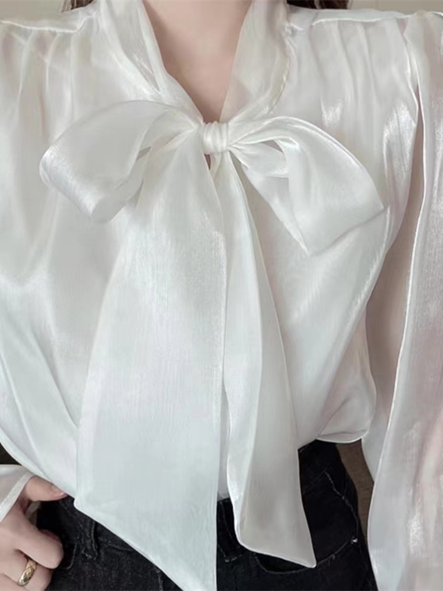 오간자블라우스 안감부착 빛나는그녀 샤르르광택 새틴 타이 긴팔블라우스 왕리본 오피스이너룩 이미지 4