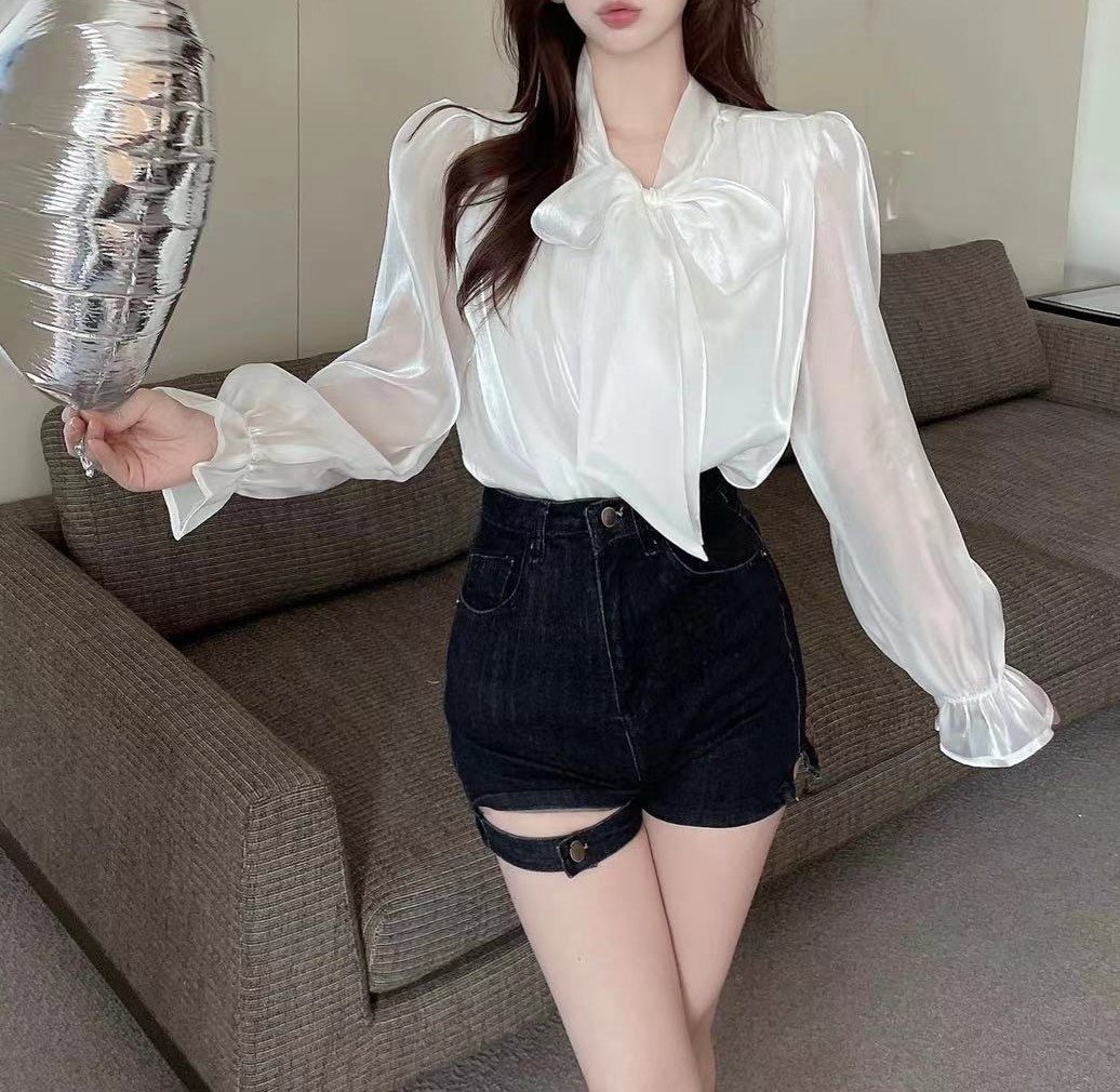 오간자블라우스 안감부착 빛나는그녀 샤르르광택 새틴 타이 긴팔블라우스 왕리본 오피스이너룩 이미지 2