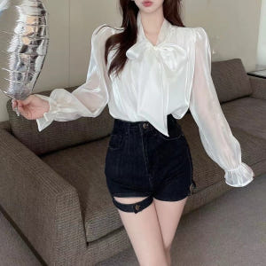 오간자블라우스 안감부착 빛나는그녀 샤르르광택 새틴 타이 긴팔블라우스 왕리... 착용 후기 | 사이즈/핏 총정리 - 상품 이미지 2