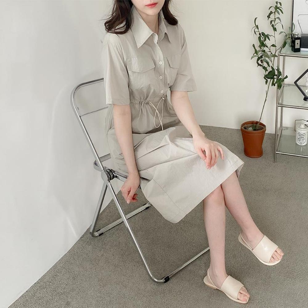 여자 카라 단추 허리 스트링 반팔 나일론 롱 원피스 이미지 2
