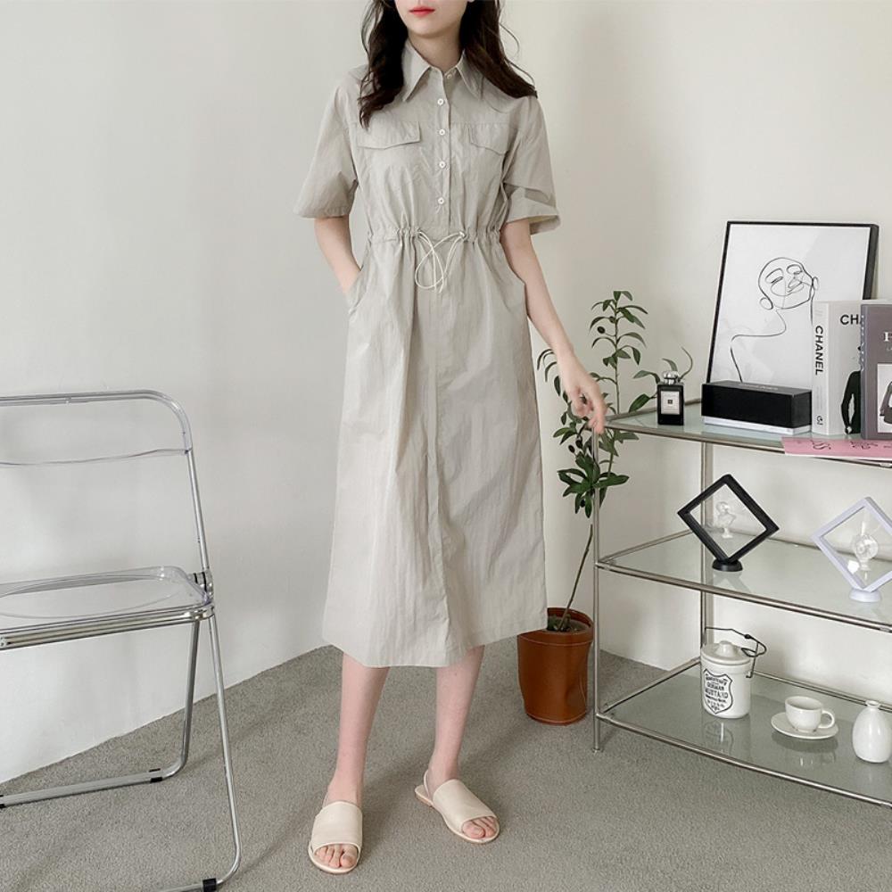 여자 카라 단추 허리 스트링 반팔 나일론 롱 원피스 이미지