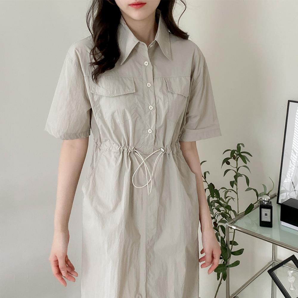 여자 카라 단추 허리 스트링 반팔 나일론 롱 원피스 이미지 3