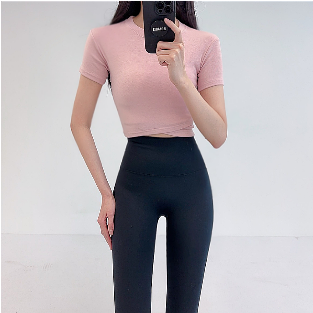 로라벨 미슈 필라테스복 여성 요가복 필라테스 요가 상의 옷 커버업 운동복 탑 반팔 크롭 - 상품 이미지