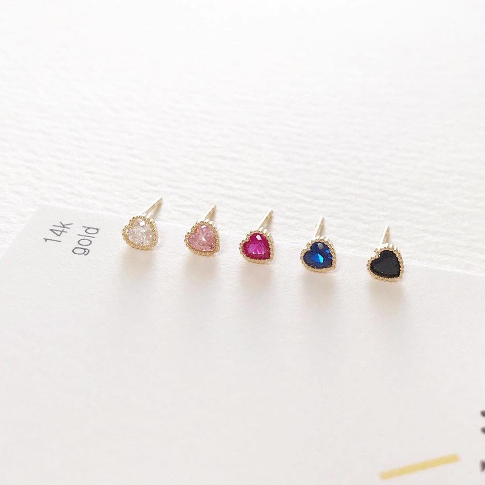 14k 골드 캔디 하트 큐빅 귀걸이 - 컬러 화이트 핑크 블루 블랙 그린 미니 선물 데일리 - 상세 이미지 4