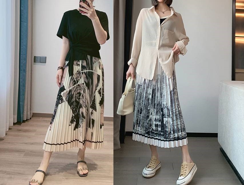 프린트 나염 플리츠 롱스커트 여성 밴딩 데일리 오피스룩 스커트 여자여자몰 이미지