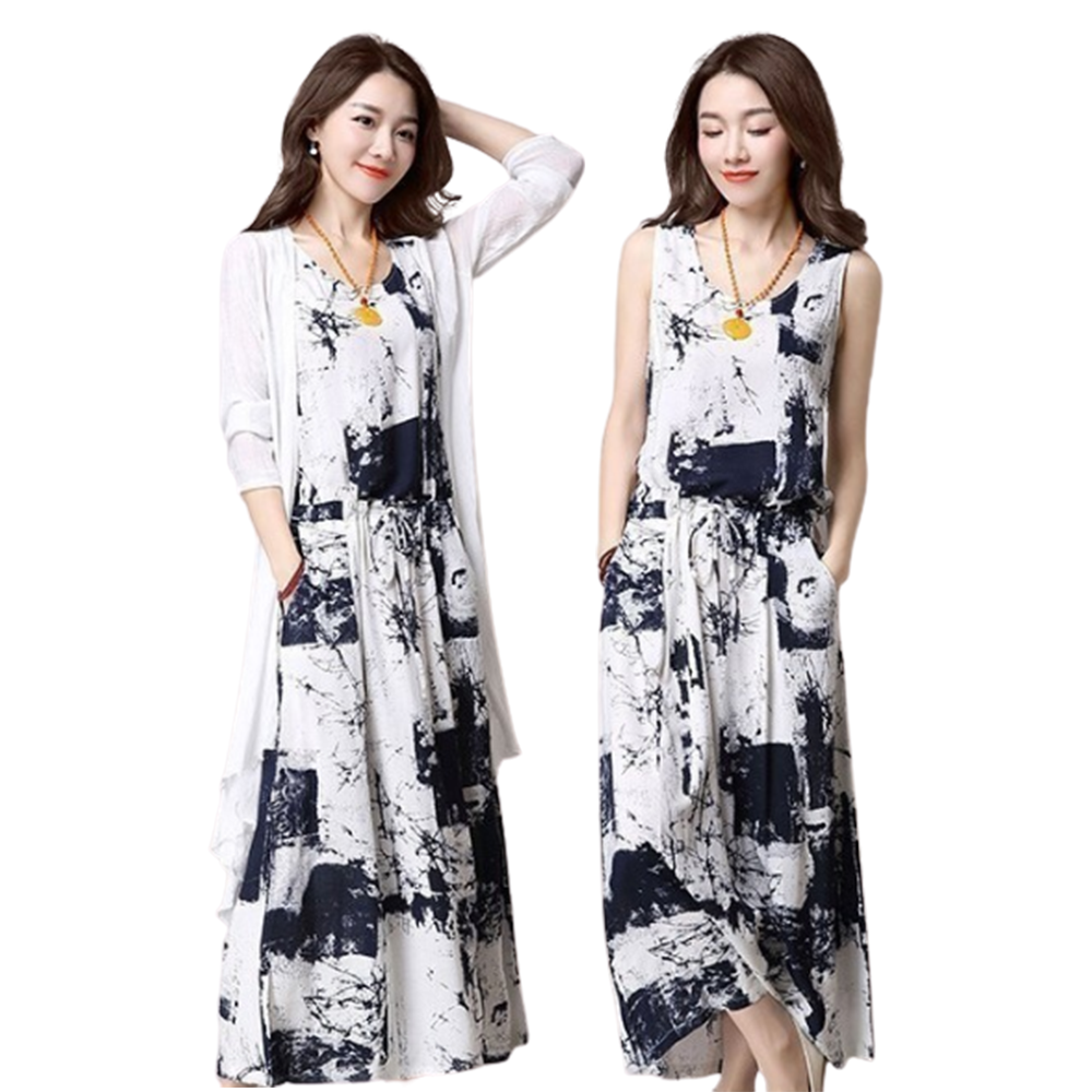 M-4XL 원피스 가디건 세트 민소매 여름 봄 가을 여성 여자 빅사이즈 중년 50대 나시 이미지