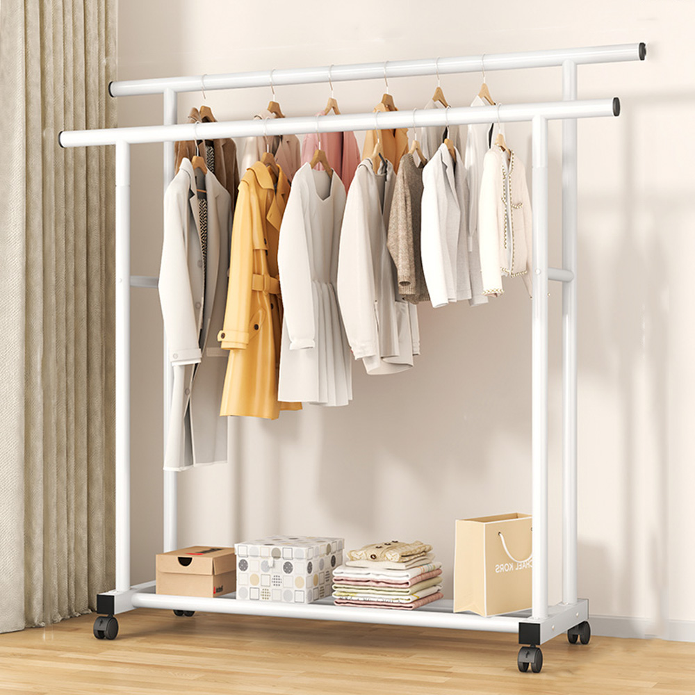 무타공마켓 2단 철제 이동식행거 더블바 스탠드 옷걸이 행거 선반 튼튼한 옷가게행거
