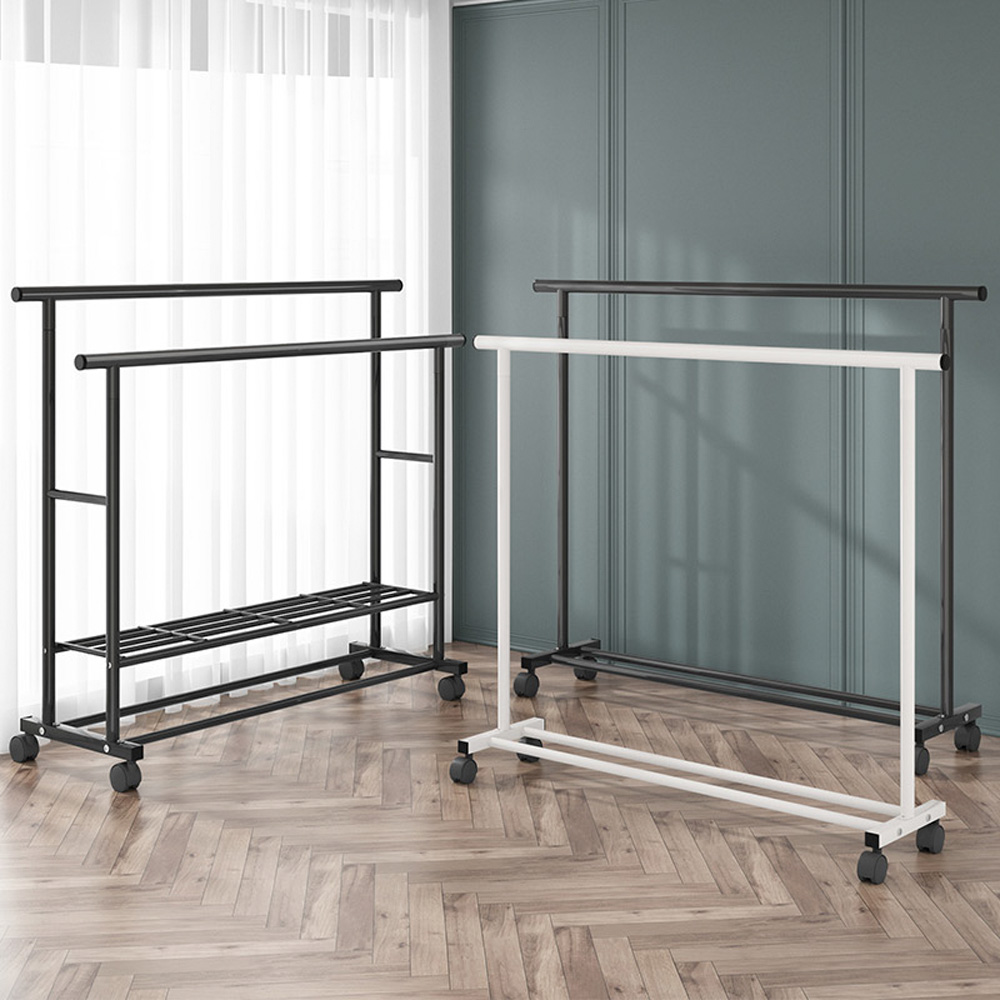 무타공마켓 2단 철제 이동식행거 더블바 스탠드 옷걸이 행거 선반 튼튼한 옷가게행거