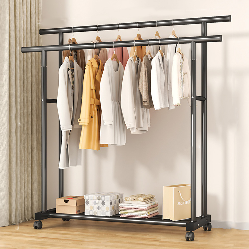 무타공마켓 2단 철제 이동식행거 더블바 스탠드 옷걸이 행거 선반 튼튼한 옷가게행거