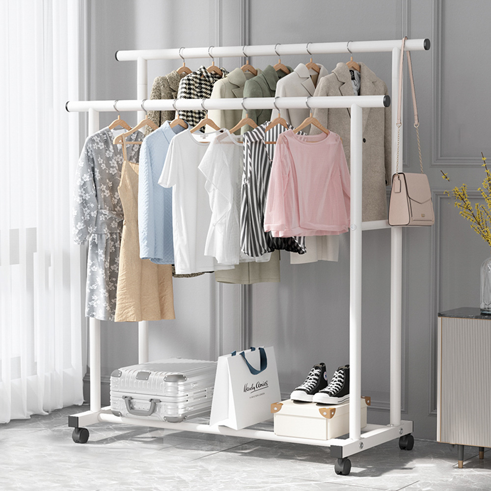 무타공마켓 2단 철제 이동식행거 더블바 스탠드 옷걸이 행거 선반 튼튼한 옷가게행거