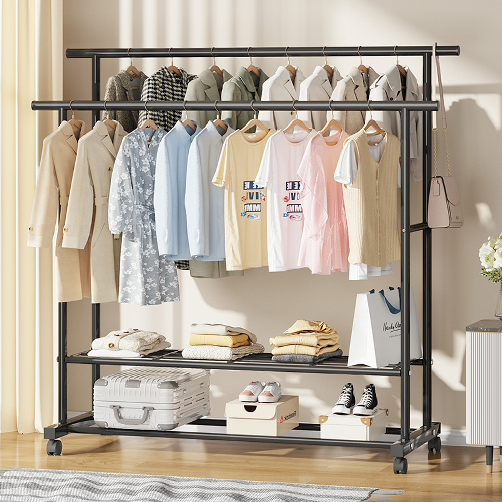 무타공마켓 2단 철제 이동식행거 더블바 스탠드 옷걸이 행거 선반 튼튼한 옷가게행거